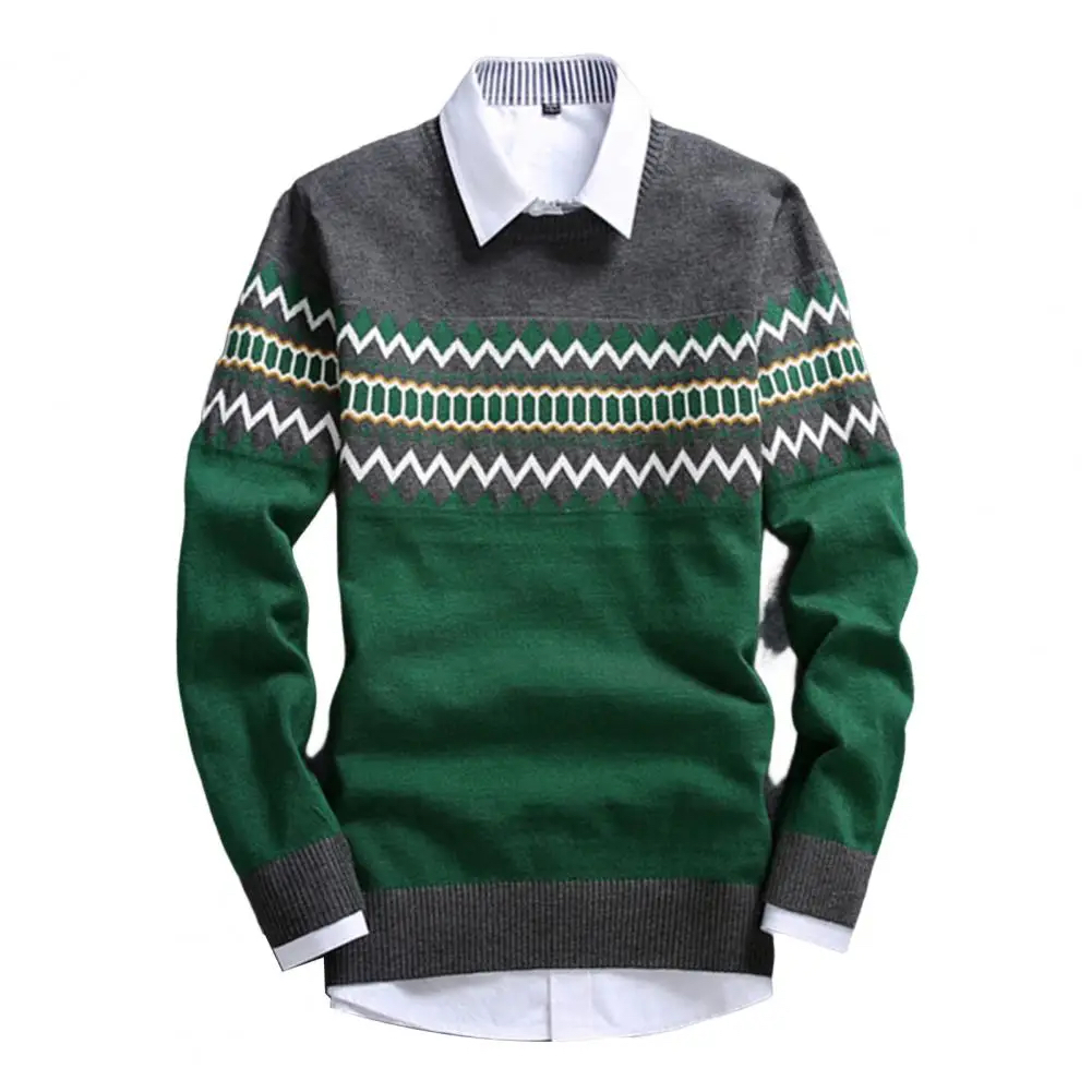 428复古文艺印花圆领条纹针织衫男女76584日常休闲套头长袖毛线衣