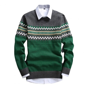 428复古文艺印花圆领条纹针织衫 毛线衣 男女76584日常休闲套头长袖