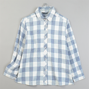 宽松休闲两侧插袋上衣外套 女L84773春秋新款 日单精品格纹长袖 衬衫