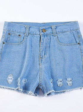 韩版纯色中高腰牛仔短裤女5.30H74548夏显瘦休闲毛边修身辣妹热裤