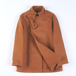 外贸韩版 毛呢大衣5.23H74380立领胡蝶结女孩双面呢中长外套 女童装