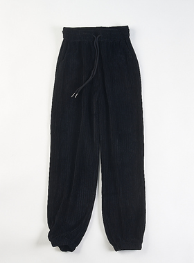 精品复古雪尼尔收脚长裤女H85460秋冬松紧腰系带宽松灯芯绒束脚裤