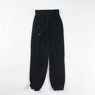 精品复古雪尼尔收脚长裤 女H85460秋冬松紧腰系带宽松灯芯绒束脚裤