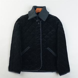 日单丝绒棉质菱形格棉衣女12.30L85402复古拼接款 保暖外套 秋冬季