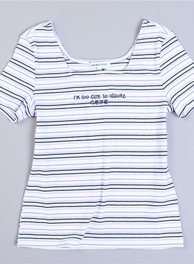 25减龄夏季甜美可爱方领刺绣条纹T恤女79640弹力修身短袖针织上衣