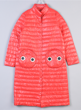 女士长款轻薄羽绒服1219L77085卡通圆口袋明横线秋冬季白鸭绒外套