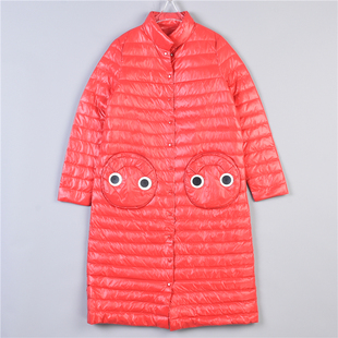 女士长款 白鸭绒外套 轻薄羽绒服1219L77085卡通圆口袋明横线秋冬季
