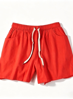 夏日活力橙红色棉麻短裤女H86470高腰显瘦宽松透气休闲直筒五分裤