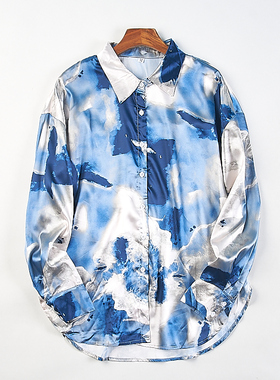 艺术感海洋蓝色扎染衬衫女48H82153春夏复古宽松垂感度假长袖上衣