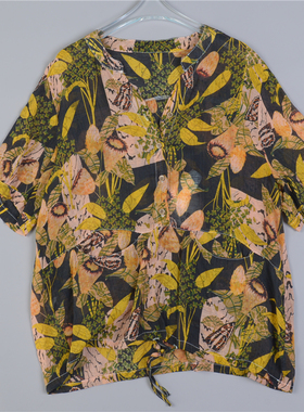 复古民族风印花女士衬衫5.25L78417宽松休闲半开扣夏季短袖妈妈装