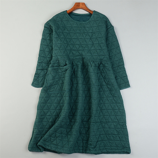 精品菱形格子夹棉连衣裙L85447圆领套头宽松秋冬新款 长裙 保暖时尚