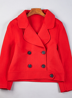 复古翻领双排扣羊毛呢大衣女9.17H80456秋冬新款宽松显瘦短款外套