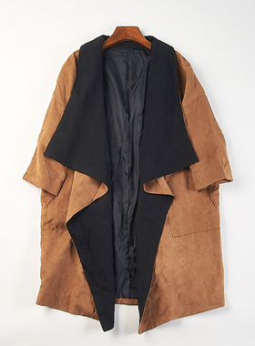 日单复古麂皮绒风衣中长款开衫H84641春秋宽松大码女装七分袖外套