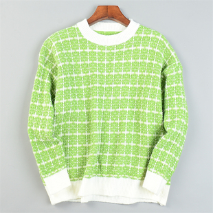 复古小圆领保暖打底衫 新款 女L85202秋冬季 精品拼色格纹毛衣针织衫