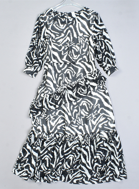 日单斑马纹雪纺连衣裙4.1L81303不规则荷叶边七分袖夏季A字裙长裙