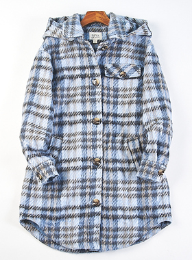 精品外贸格子连帽毛呢外套女3.18H81995春秋冬翻领宽松中长款大衣