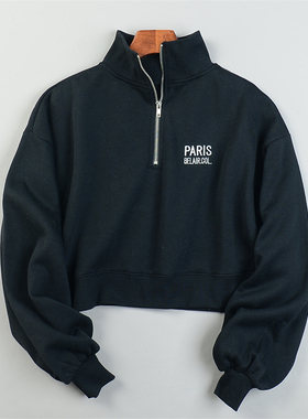 日单加绒立领小刺绣女生短卫衣12.2L84307宽松落肩束口灯笼袖上衣