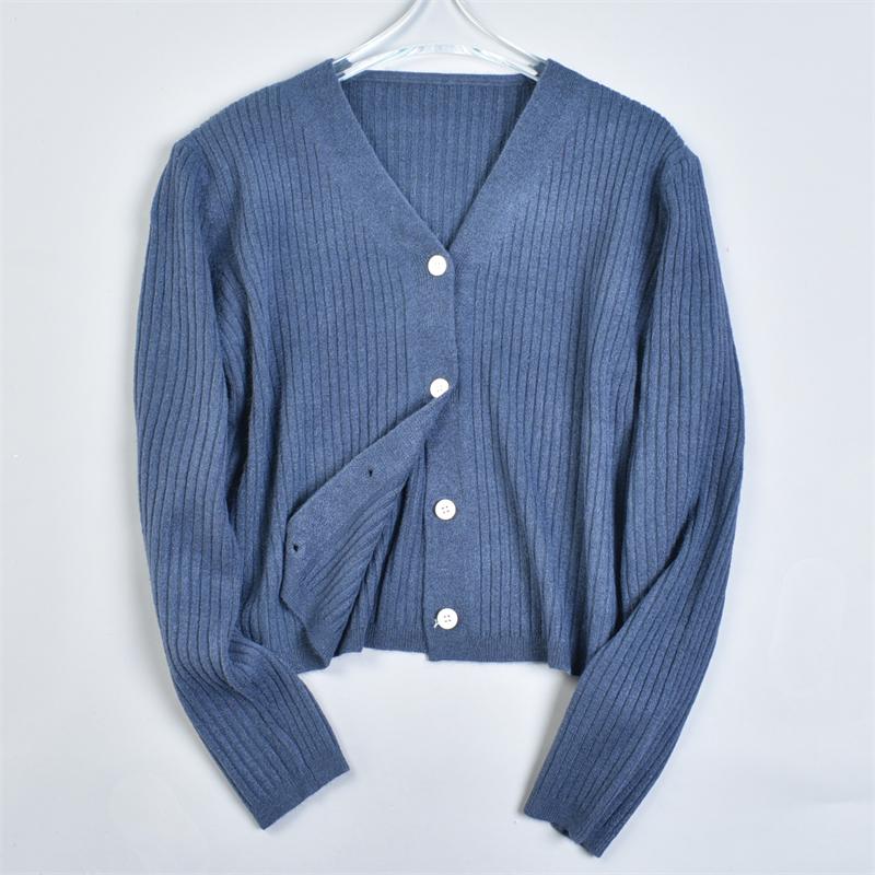 新款日系V领短款针织开衫毛衣225L81656韩版温柔淑女长袖上衣外套