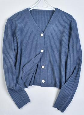 新款日系V领短款针织开衫毛衣225L81656韩版温柔淑女长袖上衣外套