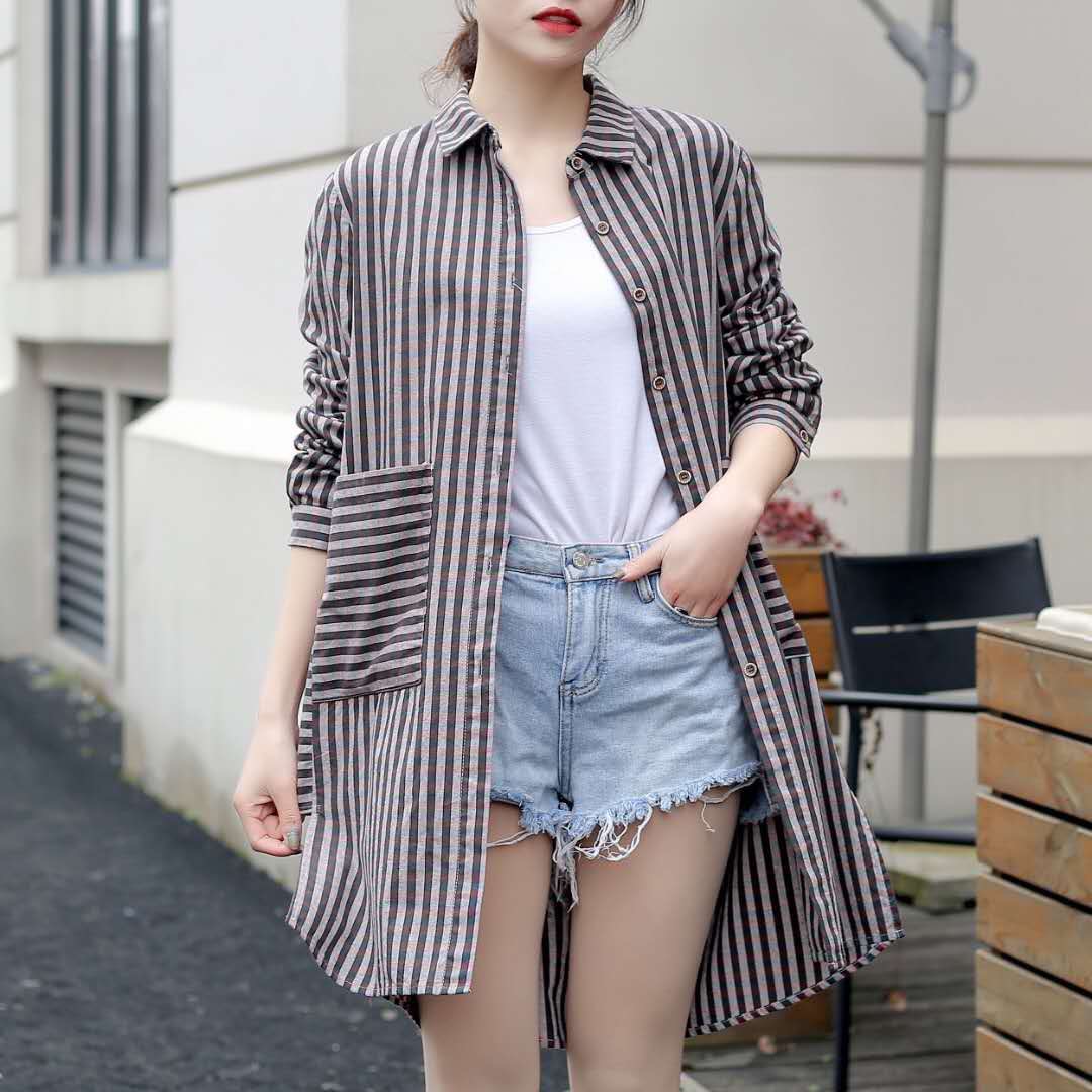 223韩版纯棉条纹中长款衬衫女78170宽松显瘦胖mm春秋夏长袖连衣裙