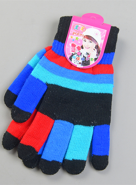 拼色条纹针织手套男女11.4L82563成人儿童分指套秋冬季保暖五指套