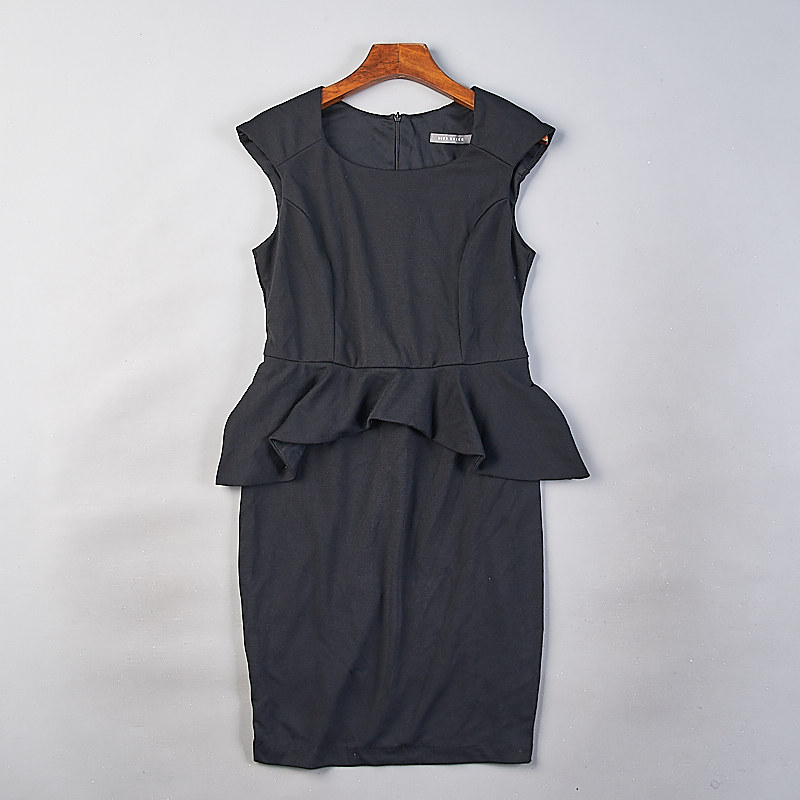 欧美单复古纯色无袖连衣裙子