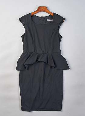 欧美单复古黑色无袖连衣裙子1029H80697收腰修身假两件背心中裙女