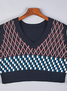 920韩版复古无袖针织衫女H77530春秋V领格纹学院宽松毛衣短款背心