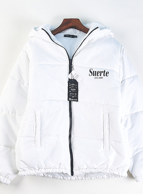 精品日单大码连帽棉衣男女H85622冬季保暖白色字母印花棉服短外套