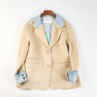 高货潮牌小众毛呢拼接牛仔字母外套男女H83334秋冬纯羊毛西装夹克