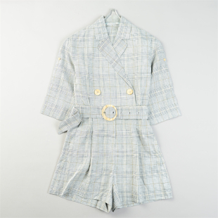 女L85845双排扣显瘦通勤连身裤 日单高级感格纹西装 领收腰连体短裤