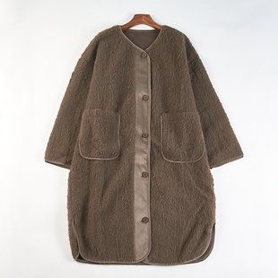 复古简约风羊羔绒外套女12.30H85506秋冬圆领纽扣中长款 毛呢大衣