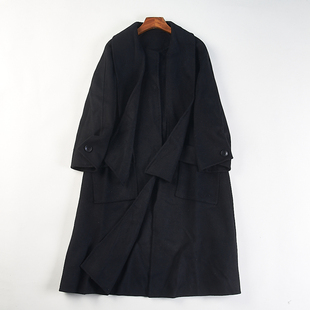 极简风黑色中长款 宽松百搭翻领外套 毛呢大衣女12.30H85358春秋季