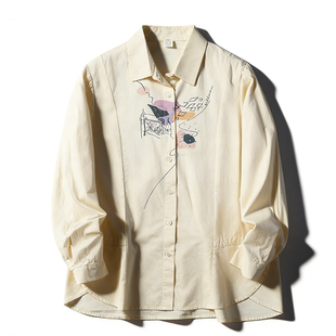 日系休闲风抽象印花长袖 女L86200宽松百搭系带边文艺全棉上衣 衬衫