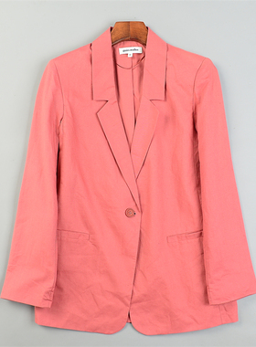 外贸大码女装仿棉麻西装外套L83914春秋通勤OL气质显瘦中长款西服