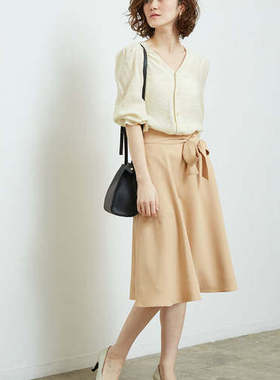 日单系带高腰半身裙女513H82480春夏纯色通勤百搭显瘦A字中长裙子