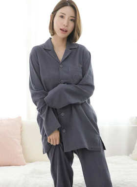 高货日单纯棉睡衣套装女H84372春秋极简风柔软长袖衫+长裤家居服
