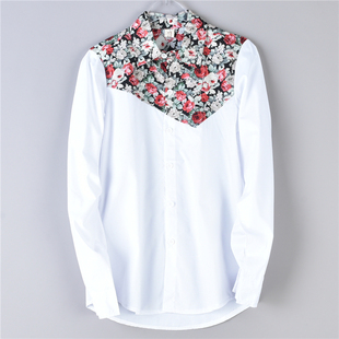 男女92L75723潮流小众设计感春夏秋休闲长袖 衬衣 白衬衫 碎花拼接款