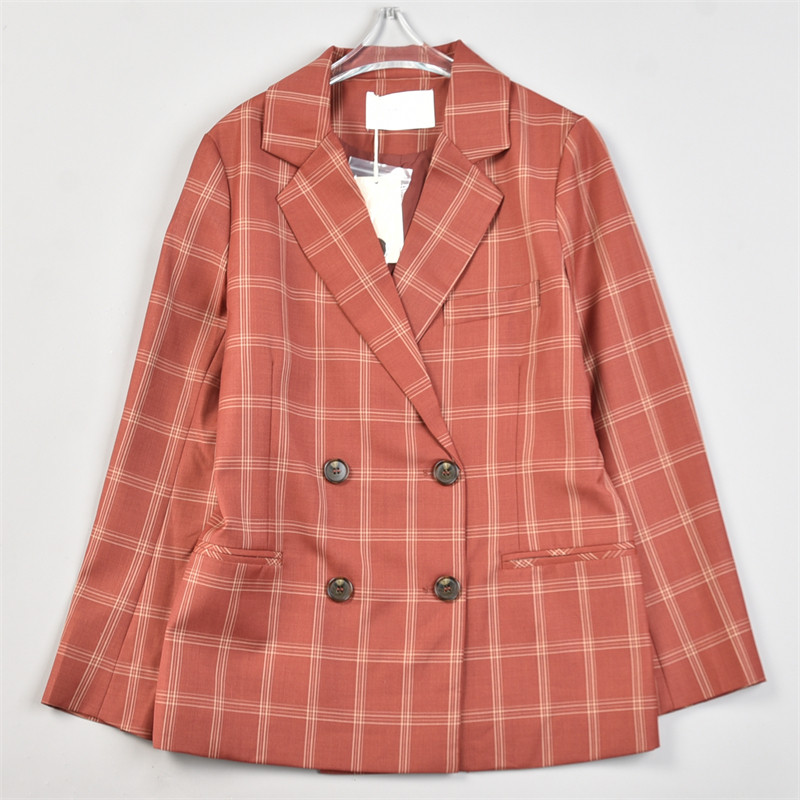 高货复古格纹羊毛西装外套女L83242春秋季新款宽松显瘦双排扣西服