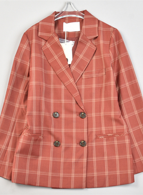 高货复古格纹羊毛西装外套女L83242春秋季新款宽松显瘦双排扣西服