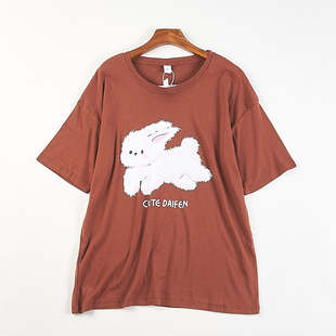 宽松显瘦精梳棉百搭打底圆领上衣 T恤女84955夏季 韩版 纯棉印花短袖