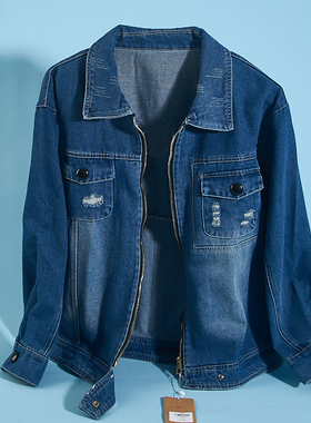 猫爪破洞翻领牛仔外套女7.16H70183宽松韩版纯棉春秋长袖工装夹克