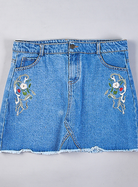 外贸刺绣牛仔半身裙39H78202春夏潮流毛边高腰修身包臀绣花中短裙