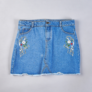 外贸刺绣牛仔半身裙39H78202春夏潮流毛边高腰修身 包臀绣花中短裙