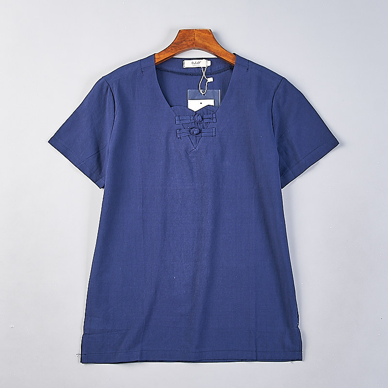 复古文艺新中式休闲衬衫女64H79215夏季圆领宽松套头纯棉短袖上衣