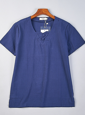 复古文艺新中式休闲衬衫女64H79215夏季圆领宽松套头纯棉短袖上衣