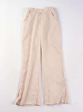 45复古休闲开叉阔腿裤女74607春夏韩版纯色格纹高腰宽松直筒长裤