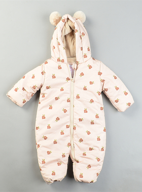 宝宝加绒印花连帽连体棉服L85618冬季加厚保暖卡通婴幼儿哈衣爬服