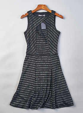 628外贸圆领无袖连衣裙女80645夏季高端复古波点条纹收腰修身中裙