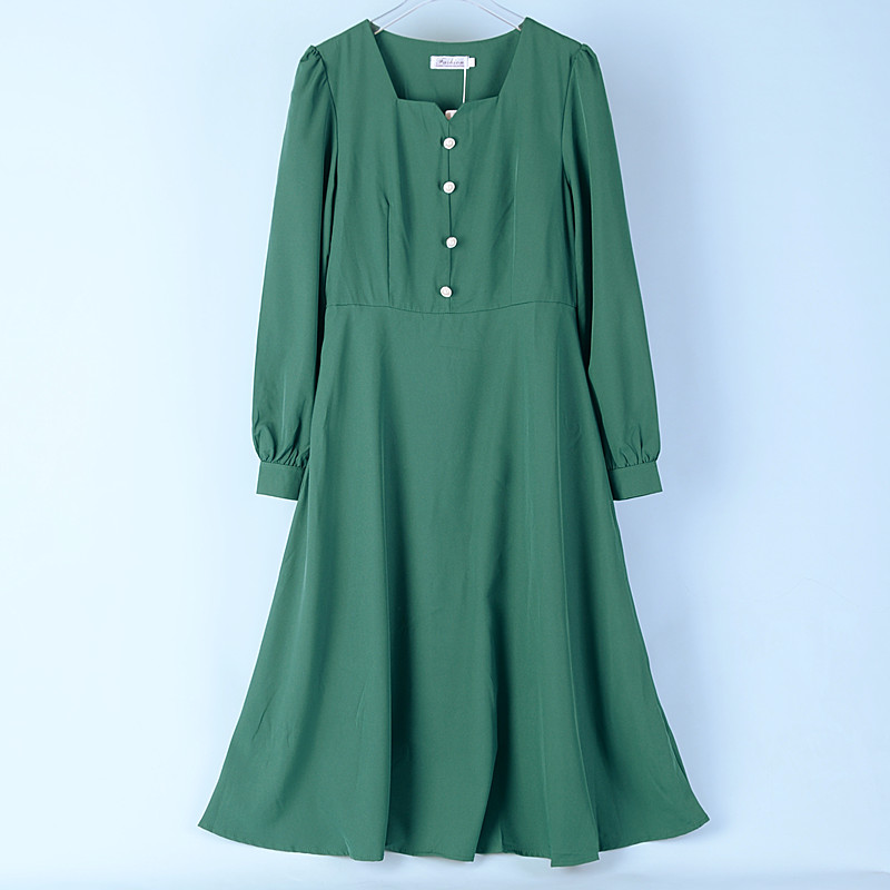 赫本风方领收腰显瘦中长款裙子